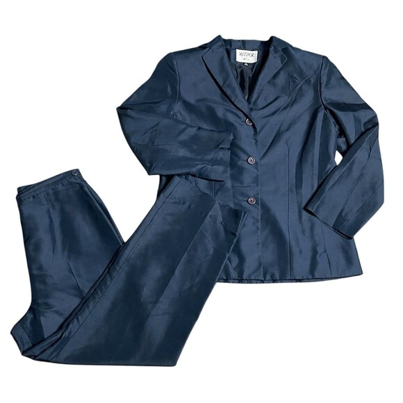 Kasper Silk Pants Suit Womens 10 Navy Blue ASL Single Breasted Classic Blazer - Picture 1 of 10